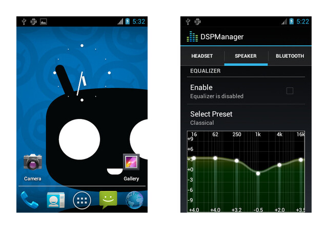 Two screenshots of Cyanogen Mod 9 -- one showing the main home screen and the other showing the DSPManager app