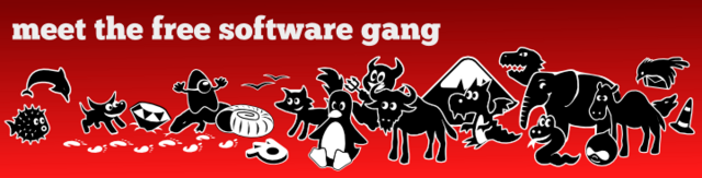 The text "meet the free software gang" with mascots of many different free software projects