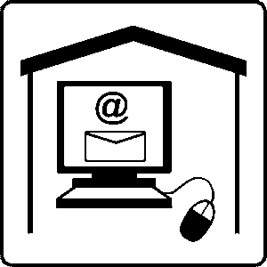 A black and white cartoon of a personal computer displaying an email icon