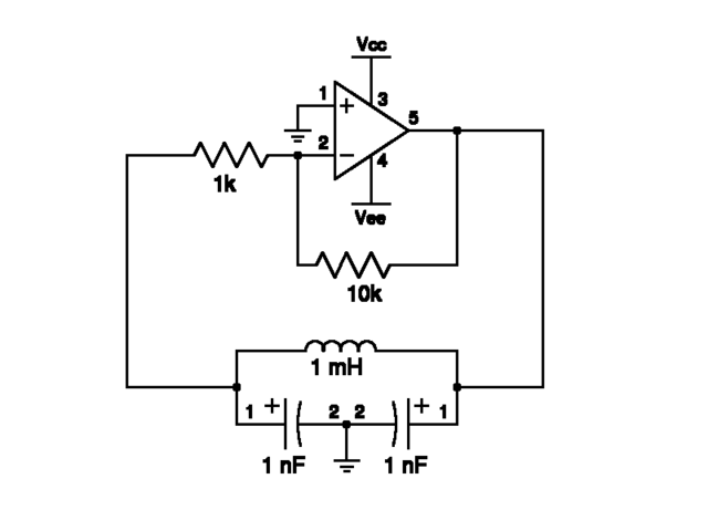 Colpitts oscillator circuit diagram with tank circuit component values L = 1 mH, C = 1 nF
