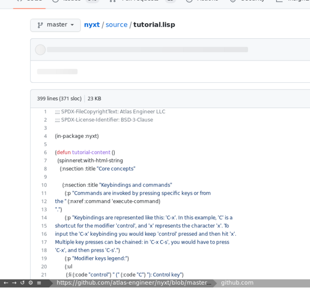 Nyxt browser showing a GitHub page with code rendered in a proportional font