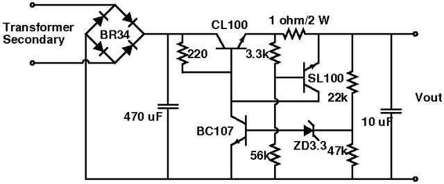 Power supply circuit showing bridge rectifier and voltage control feedback circuitry