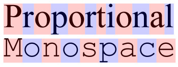 இரு வரிகள் -- முதல் வரியில் proportional எழுத்துருவில் "Proportional" என்னும் சொல்லும், இரண்டாம் வரியில் monospace எழுத்துருவில் "monospace" என்னும் சொல்லும்