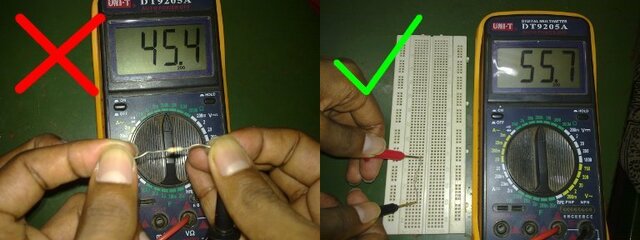 Two frames side by side -- one showing a wrong way to measure resistance using a multimeter, and the other showing the correct way. The wrong way shows a person's fingers touching the resistor leads when measuring the resistance. The correct way shows the resistor inserted into a breadboard with only the multimeter probes making contact with the resistor leads. The first wrong measurement technique shows a multimeter reading of 45.4 kohm, while the second correct measurement technique shows a multimeter reading of 55.7 kohm.