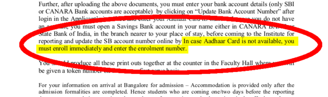 Document with the text "In case Aadhaar Card is not available, you must enroll immediately and enter the enrolment number" highlit